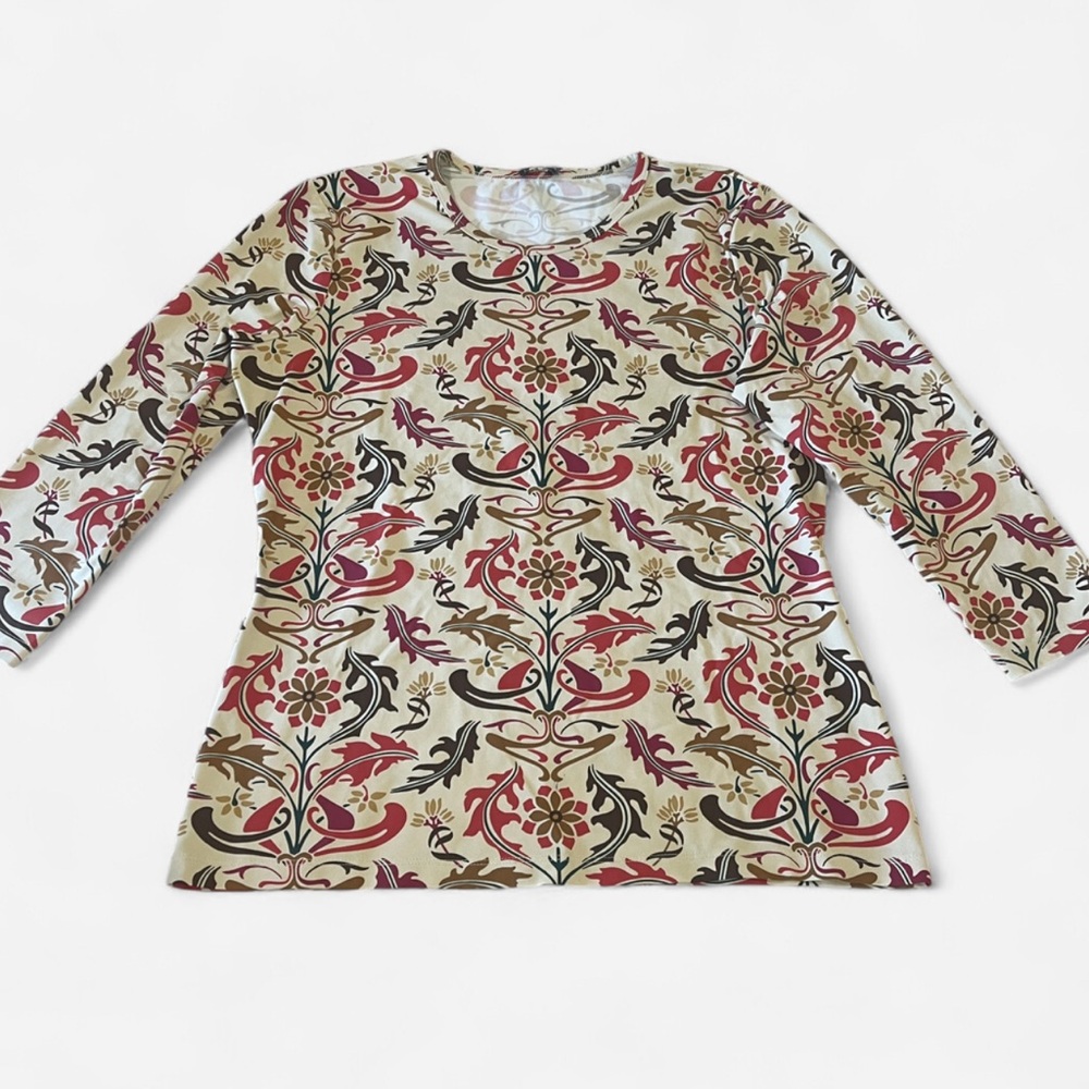 J Mclaughlin Earthy Medallion 3/4 Sleeve Top Catalina Cloth Foliage Pattern